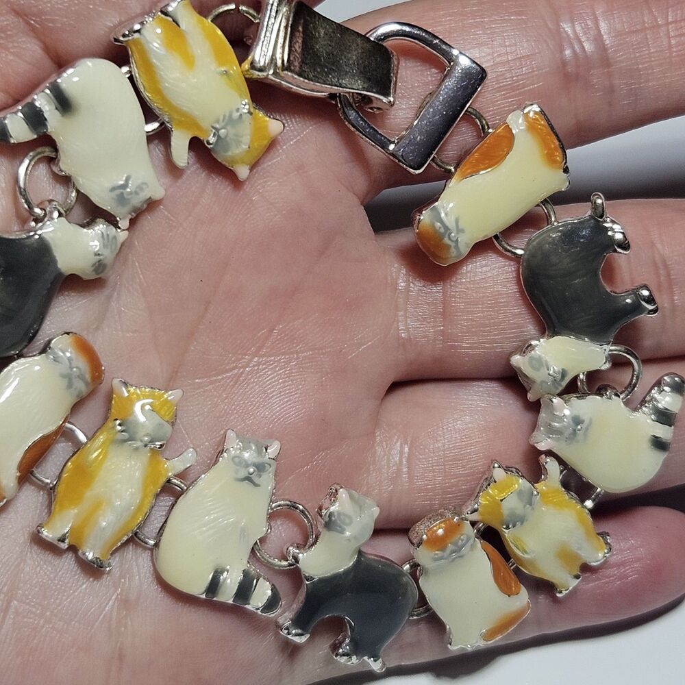*Sale*Cat Bracelet Chain Link Magnetic Clasp Kitty Cat Kitten Calico Silver 7.5" - Picture 2 of 16